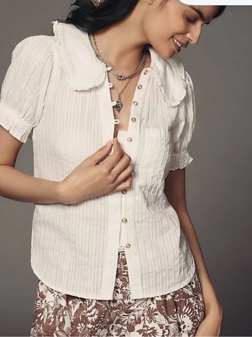 Anthropologie Pilcro Kiera Peter Pan Collar White Button Up Cottage Core Blouse
